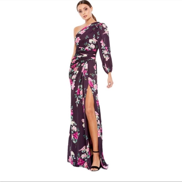 Mac Duggal Ieena 2634 One Shoulder Floral Satin Gown Plum Size XL NEW - Picture 10 of 10